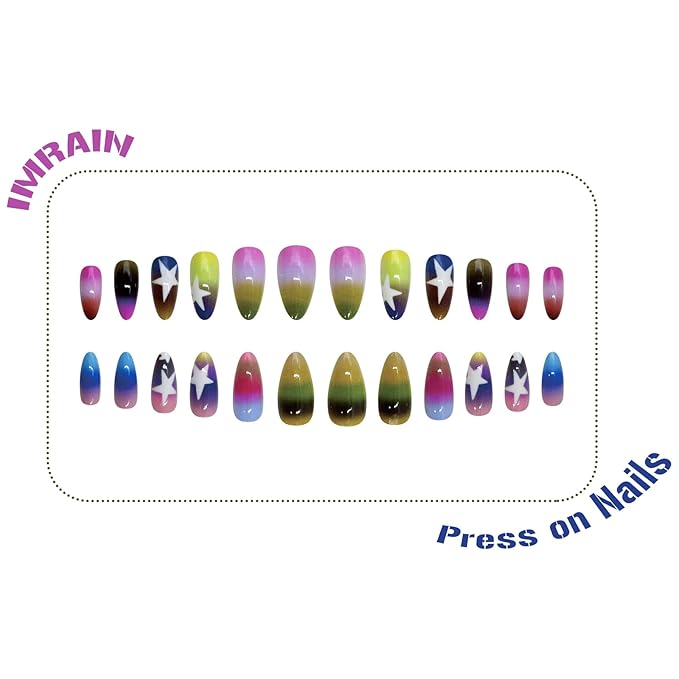 IMRAIN Press on Nails Medium Almond Fake Nails Rainbow Gradient False Nails with Star Designs Full Cover Colorful Ombre Glossy Glue on Nails Acrylic Y2K DIY Nail Art Stick on Nails 24Pcs