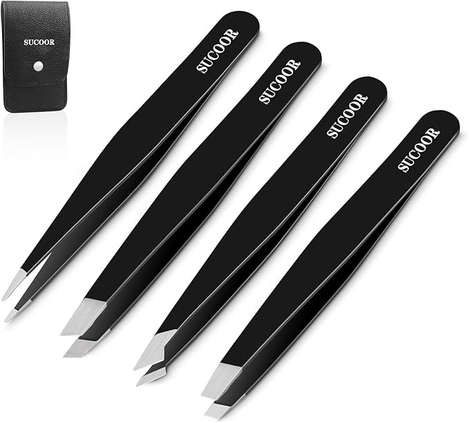 Tweezers for Women Facial Hair, 4Pcs Professional Beauty Tools Stainless Steel Precision Eyebrow Tweezers for Splinter Blackhead and Ingrown Hair Removal, Black