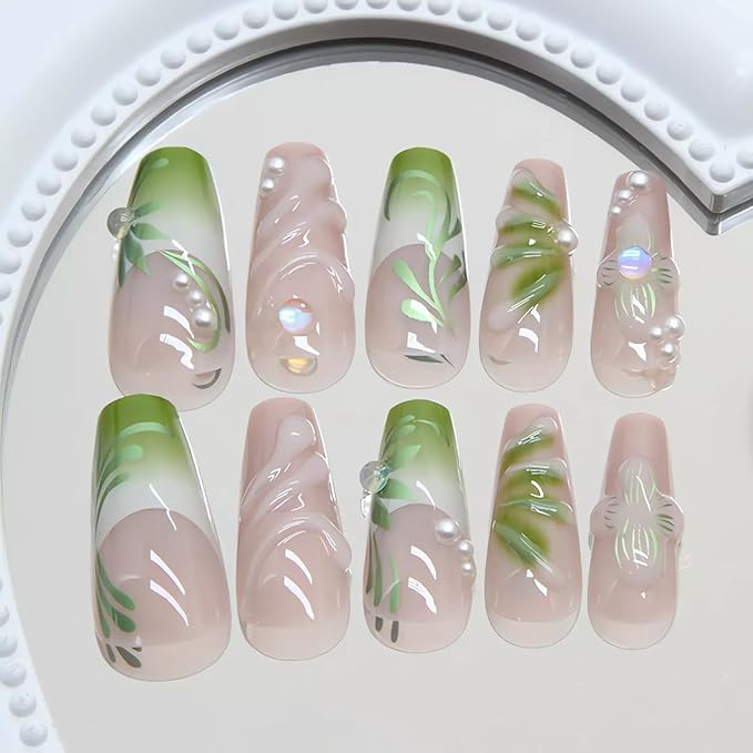 3D Press on Nails Acrylic Rhinestone Fake Nails Long Coffin Gradient Nude Green with Leaf Design Artificial Nails Pearl Accents Glue on Nails for Women Girls, 24Pcs