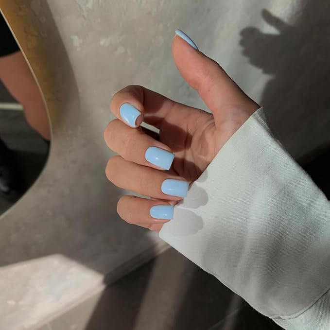 48Pcs Baby Blue Press on Nails Short Square Fake Nails, Glue on Nails Short Gel Nails Press ons, Acrylic Nails Stick on False Nails for Women, Natural Handmade Thick Extra Short Nails Small Petite