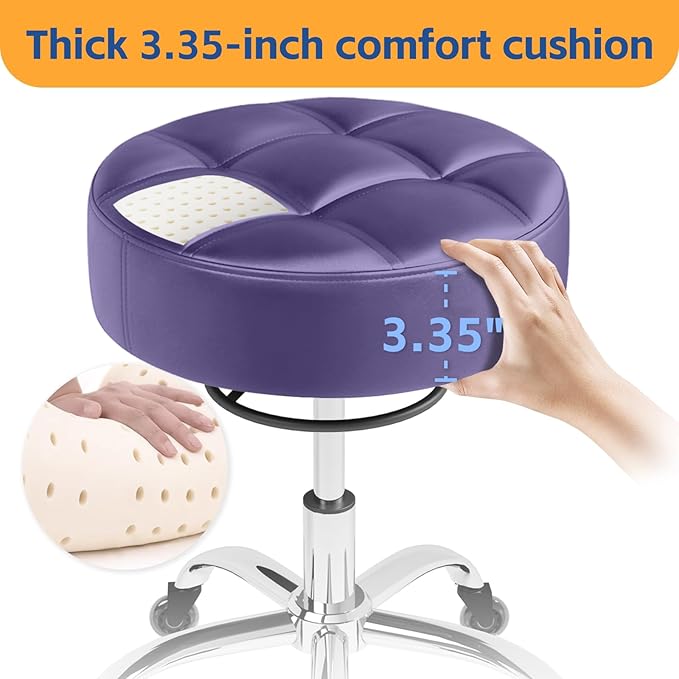 Rolling Stool Heavy Duty 400lb: Super Soft Seat Cushion,360° Swive,Height Adjustability,No Squeaky Noises,No Tip Over,New Upgraded Stool Salon Stool Chair, Tattoo Facial Massage Spa Medical (Purple)