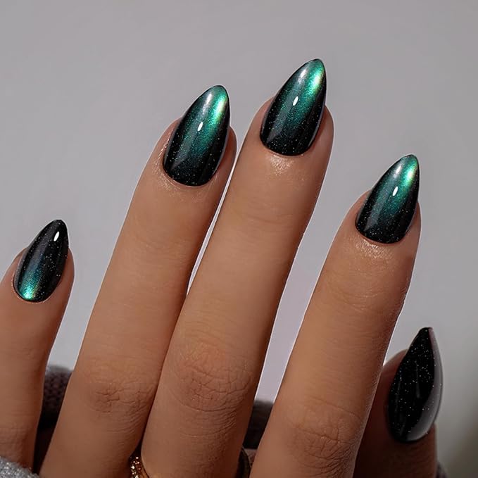 KQueenest Cat Eye Press On Nails Short Almond, Christmas Press On Nails with Glue, Sparkle Turquoise Green Black Fake Nails Stiletto, Soft Gel Glue On Nails for Woman with Glitter Effect, 30 Pcs