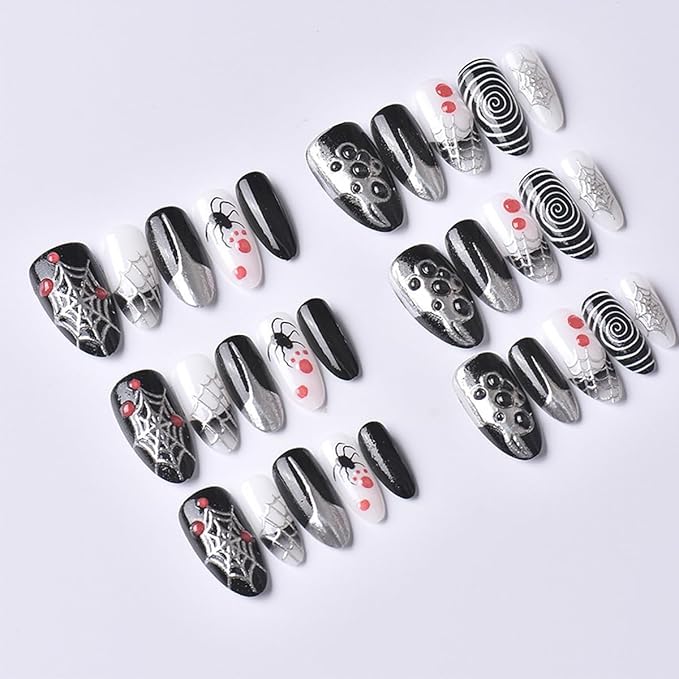 30Pcs Goth Halloween Press on Nails Medium Almond French Tip Fake Nails 3D Spider Gems Designs Y2K Black Acrylic Nails Full Cover Artificial Halloween Glue on Nail Holiday False Nail for Women