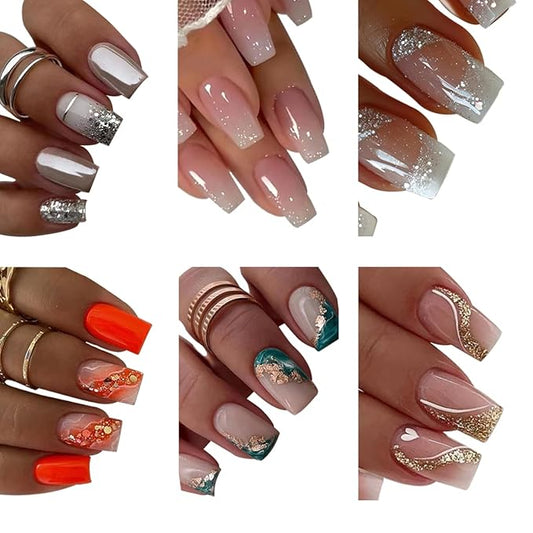 144 Pcs Press on Nails Medium Square Fake Nails Glitter False Nails with Designs Glue on Nails Full Cover Acrylic Stick on Nail Reusable Artficial Nail for Women Manicure 6 Packs