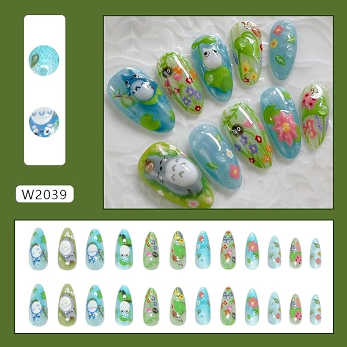 24Pcs Flower Press on Nails Medium Almond Cartoon Fake Nails with Refreshing Summer Leaves Design Autumn Winter Full Cover Artificial Glue on Nails Handmade Stick on Nails for Women DIY