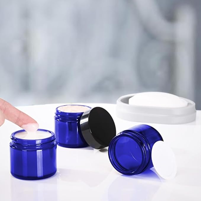 24 Pack 1 oz Round Blue Glass Cosmetic Jars with Inner Liners and Black Lids, Travel Glass Jars, Cosmetic Containers for Lip Balms, Powders, Makeup, Cream, Eyeshadow, Slime, Paint