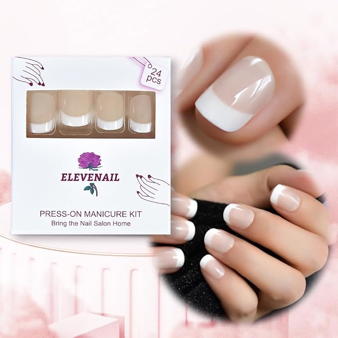 Natural Beige Nude White Press on Nails Short Squoval French Nail Tips False Nails Easy Wear Salon Manicure Reusable UV Gel Fake Nails DIY Nail Art at home