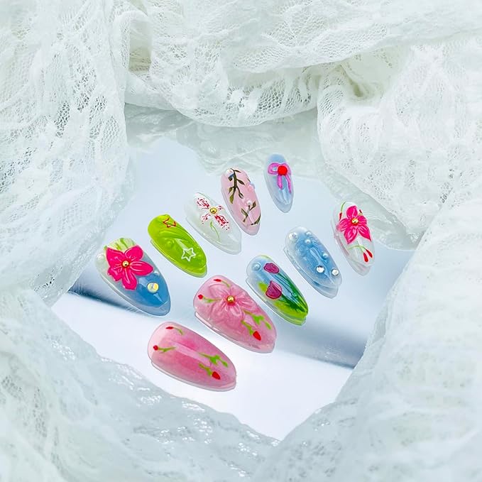30Pcs 3D Flower Press on Nails Medium Almond Fake Nail with Gold Bead Heart Rhinestone Designs Hibiscus Floral Glue on Nails Colorful Acrylic Nail Cute Bow False Nail Summer Stick on Nails for Women