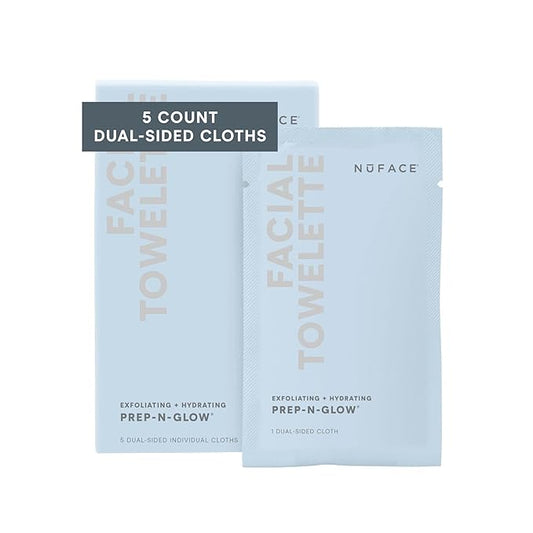 NuFACE Prep-N-Glow Facial Towelettes - 2-in-1 Exfoliating + Cleansing Makeup Remover Wipes, Hyaluronic Acid Travel Face Wipes to Hydrate & Brighten for Glowing Skin - 5 Individually Wrapped Cloths