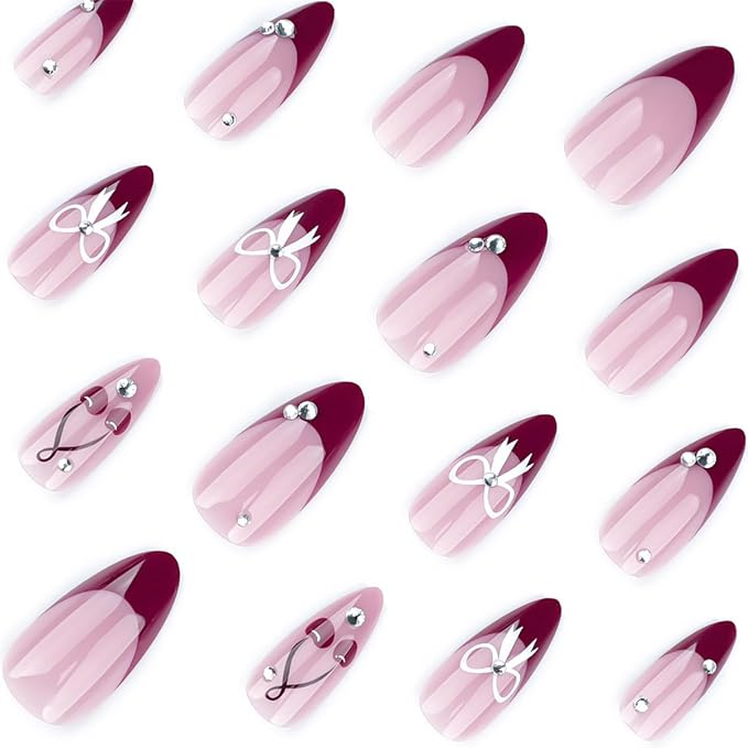 24Pcs Red French Tip Press on Nails Medium Almond Fake Nails with White Rhinestones Bow Cherry Design Glitter False Nails Full Cover Artificial Glue on Nails Cute Stick on Nails for Women Manicure