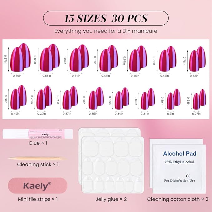 evpct Dark Red Press on Nails Almond Short, Dark Purple Red Chrome Glazed Glossy Short Almond Soft Gel Press On Nails with Nail Glue for Women Gift, 15 Sizes 30Pcs Reusable Stick Acrylic Fake Nail Kit