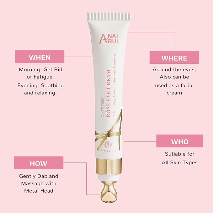 ANAI RUI Rose Caffeine Eye Cream for Dark Circles, Under Eye Serum for Puffiness Bags, Anti-Aging Eye Cream with Retinol, Collagen, Hydrating, Firming, Reduce Wrinkles and Fine Lines Daily 0.5 FL OZ