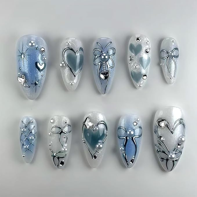 24Pcs Blue Heart Press on Nails Medium Almond Fake Nails with 3D Silver Gems Bow Star Design Cute Butterfly False Nails Full Cover Artificial Glue on Nails Gradient Handmade Stick on Nails for Women
