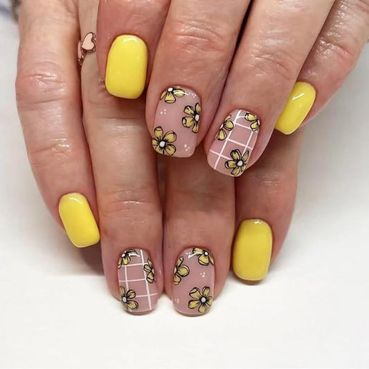Flower Press on Nails Short Square Fake Nails Yellow False Nails Floral Glossy Full Cover Acrylic Nails Summer Glossy Glue on Nails Cute Shiny Artificial Stick on Nails for Women Manicure 24 Pcs