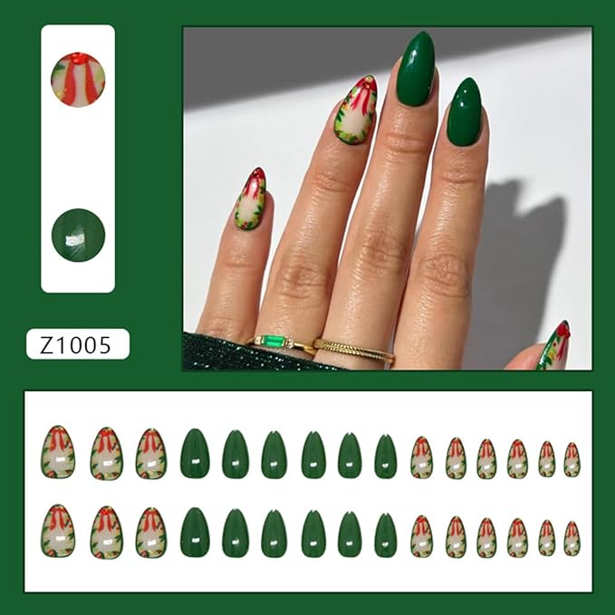 24Pcs Christmas Press on Nails Short Almond Fake Nails Green Acrylic Nail with Xmas Holly Bow Designs Artificial False Nails with Gold Foil Rhinestones Full Cover Christmas Glue on Nails for Women
