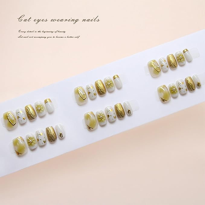 3D Flower Press on Nails Short Square Acrylic False Nails 24Pcs Curve Line Stick on Nails Glossy Gold Gradient Fake Nails Green Leaves Gel Glue on Nails for Coquette Women Girls