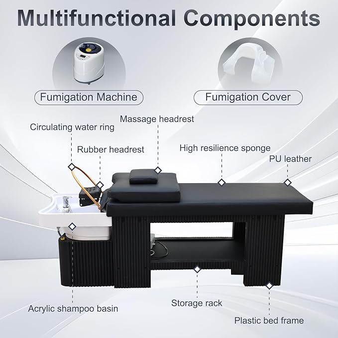 Japanese Head Spa Bed, Professional Head Spa Equipment with Foot Bath Basin, Fumigation, Waterfall Shampoo MassageTable for Spa Beauty Salon Barber
