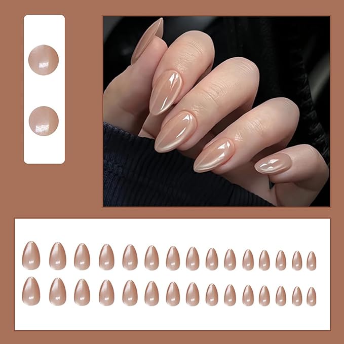 30Pcs Glitter Brown Fake Nails Short Press on Nails Almond False Nails Glossy Full Cover Stiletto Glue on Nail Nude Pink Acrylic Nails Reusable Fall Artificial Stick on Nail for Women Manicure