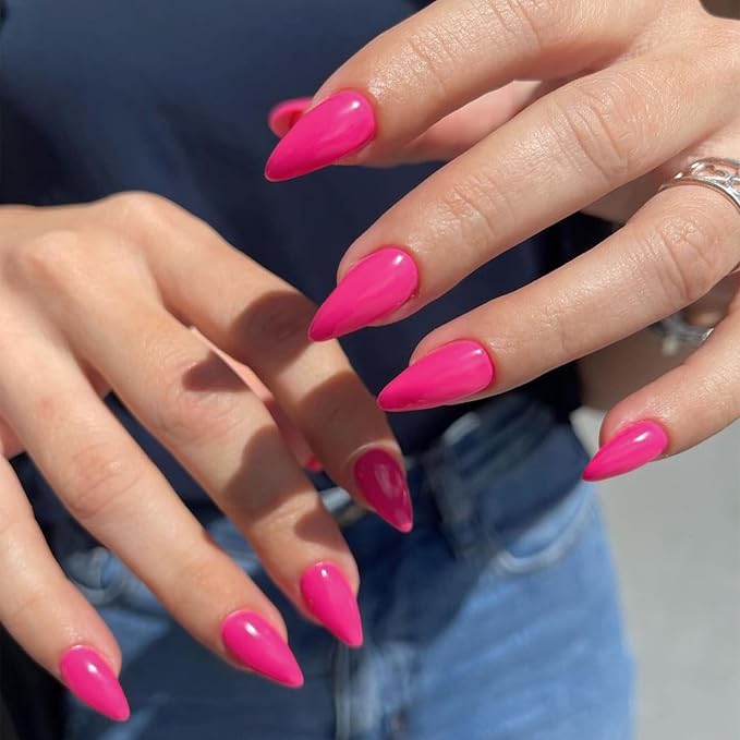 48Pcs Hot Pink Press on Nails Almond Fake Nails Glue on Medium Length Almond Shaped Nails Press ons, Stiletto False Nail for Women Neon Pink Medium, Thick Natural Acrylic Gel Nail