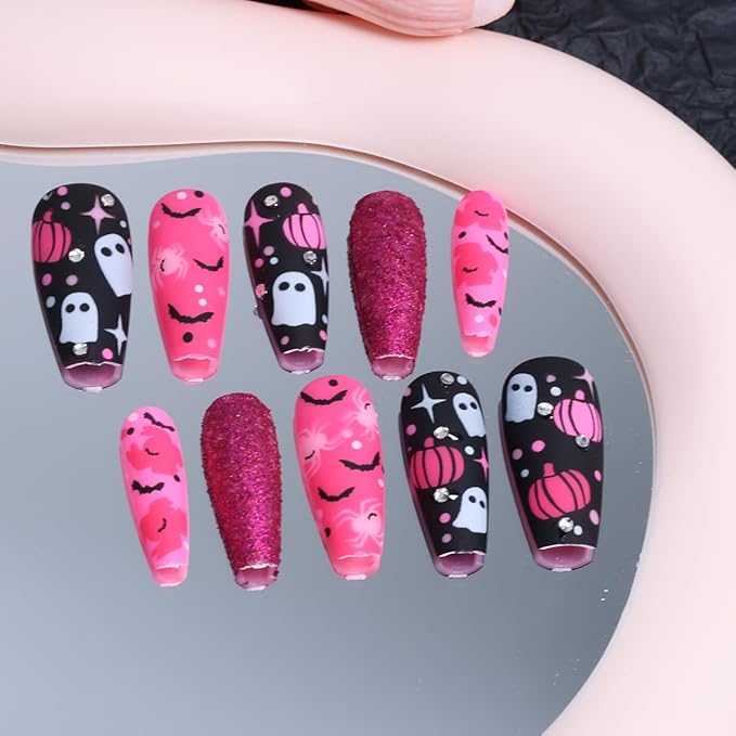 30Pcs Halloween Press on Nails Medium Coffin Fake Nails Dark Pink Glitter Glue on Nail with Pumpkin Bat Spider Designs Full Cover Reusable Nails Cute Ghost False Nails for Holiday Manicure DIY