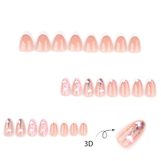 Tortoise Pattern Press on Nails 3D Heart Gel Glue on Fingernails 24Pcs French Acrylic Full Cover Fake Nails Glossy Pink Glitter Medium Almond False Nail Curve Stick on Nail for Holiday Manicure Art