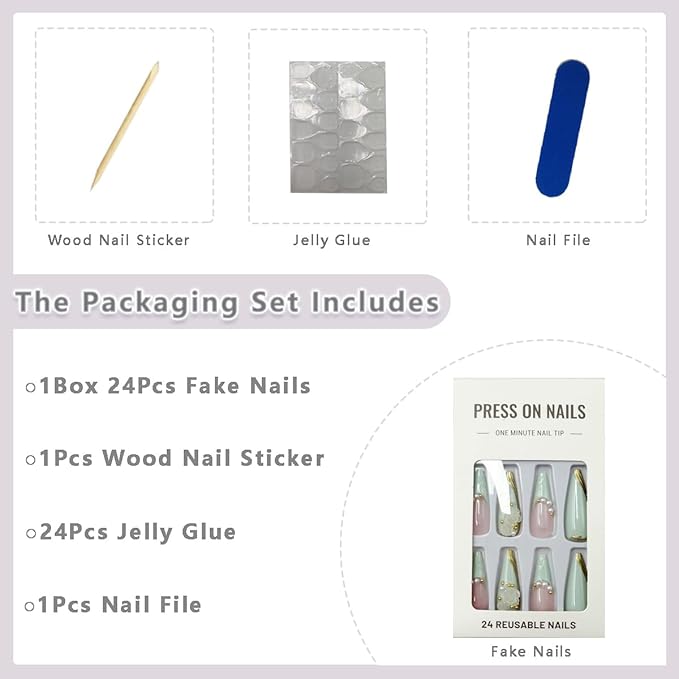 24Pcs Green French Tip Press on Nails Long Almond Fake Nails with 3D Rose Flower Pearl Rhinestones Design Acrylic False Nails Gold Lines Glue on Nails Glossy Full Cover Stick on Nails for Women Girls