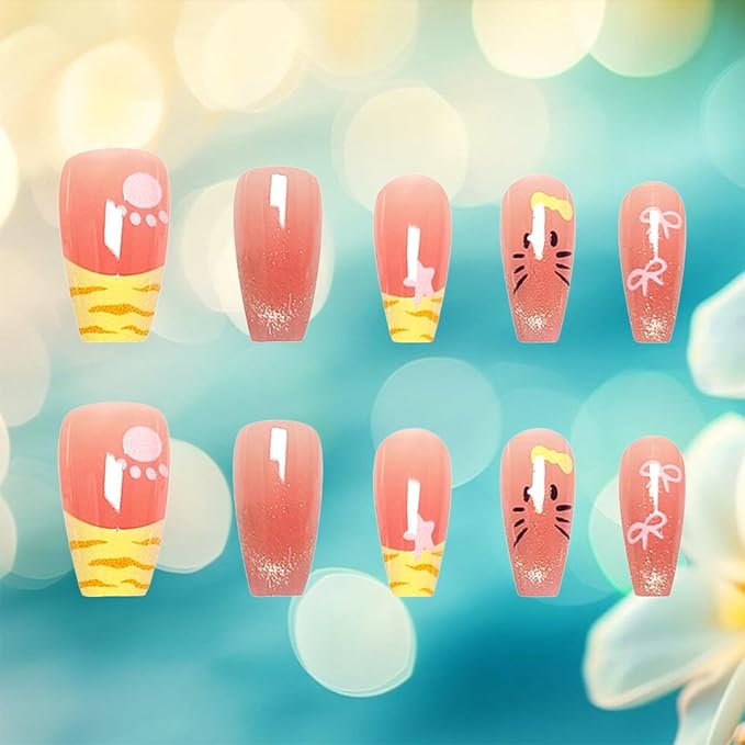 24Pcs Cat Face Press on Nails French Tips Acrylic Full Cover Fake Nails Cat Eye Gel Glue on Fingernails Glossy Yellow Bow Medium Coffin False Nail Stars Stick on Nail for Holiday Manicure Art