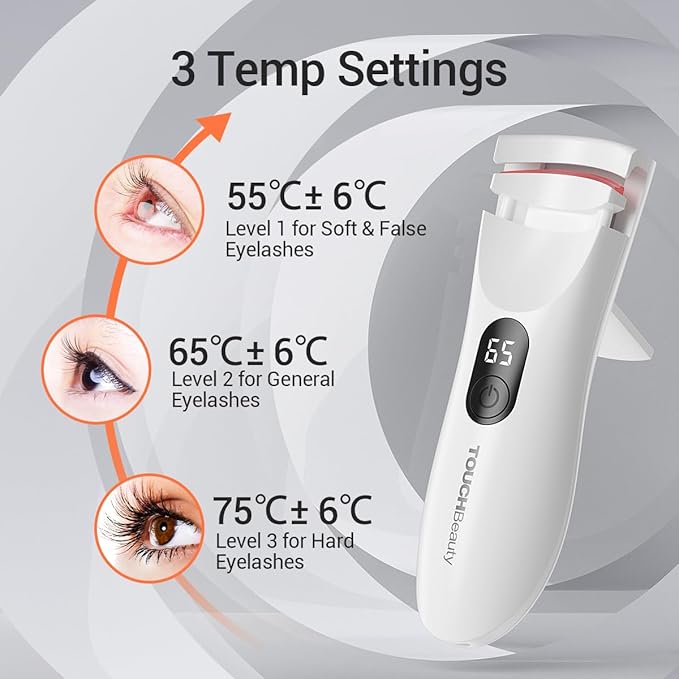 TOUCHBeauty Heated Eyelash Curler,Rechargeable Electric Eyelash Curler with LED Display,3-Level Adjustable Temperature,Rechargeable Natural Curling 24H Long Lasting for Women AG-2316