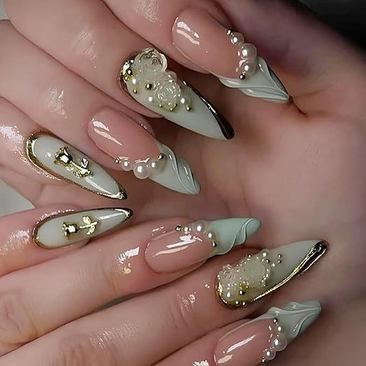 24Pcs Green French Tip Press on Nails Long Almond Fake Nails with 3D Rose Flower Pearl Rhinestones Design Acrylic False Nails Gold Lines Glue on Nails Glossy Full Cover Stick on Nails for Women Girls