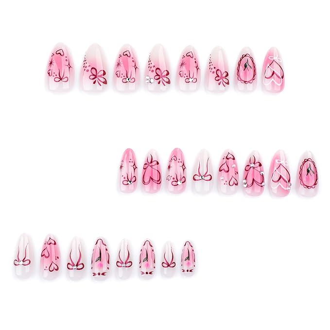 3D Handmade Spring & Summer Pearl Press On Nails Almond Medium 24 Pcs, Heart Designer Reusable Acrylic Fake Nails with Glue, Wedding and Party, Daily wear Nails fro Women Gift
