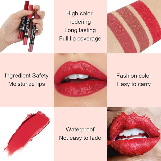 evpct 1Pcs Red Matte Lipstick and Lip Crayon Liner Pencil Pen Set for Women Lip Stain Long Lasting Waterproof labiales mate magicos 24 horas originales pintalabios permanente 24 horas 13