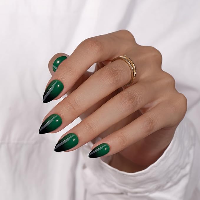 KQueenest Green Black Press On Nails Short Almond, Ombre French Press On Nails with Glue, Dark Fake Nails Press ons, Soft Gel Glue on Nails with Gradient Design for Women Christmas, 30 Pcs