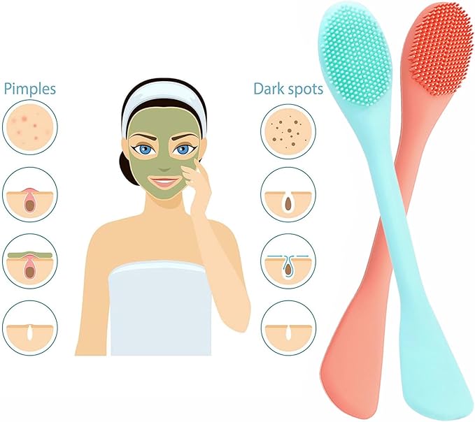 Silicone Face Mask Brush, Soft Facial Cleansing Scrubber, 2 Pcs Double-End Facial Mask Brush for Mud, Clay, DIY, Skincare Applicator Tools (Orange and Green)