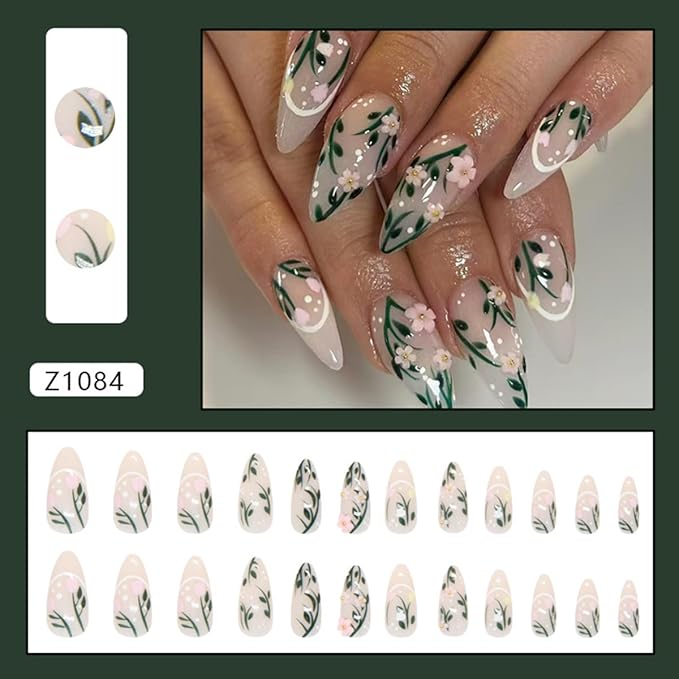 24Pcs Medium Press on Nails Almond Fake Nails with Flower Charms Cute Tulip Floral Leaf Nail Design Glossy Acrylic Nails Artificial Glue on Nails Full Cover Spring Summer Flower False Nails for Women