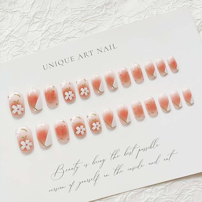 RikView Square Press on Nails Medium Fake Nails Pink Nails with Flowers Design Glossy Nails for Women 24 PCs/Set