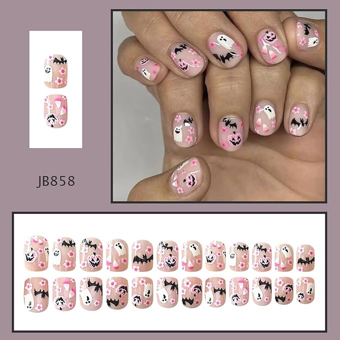 24Pcs Halloween Press on Nails Short Square Fake Nail with Pumpkin Flower Designs Pink Full Cover Glossy Glue on Nails Black Bat False Nail Cute Ghost Stick on Nails for Women Halloween Nail Decor