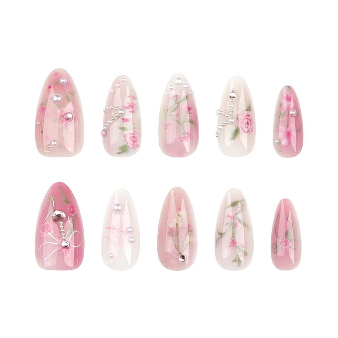 Handmade 3D Pearl Bow Pink Press On Nails Medium Almond With Cute Charms, Bow Tie Pearl Pink Roes Folwer Designer Reusable Acrylic Fake Nails With Glue On Nails, Daily Wear Nails For Women