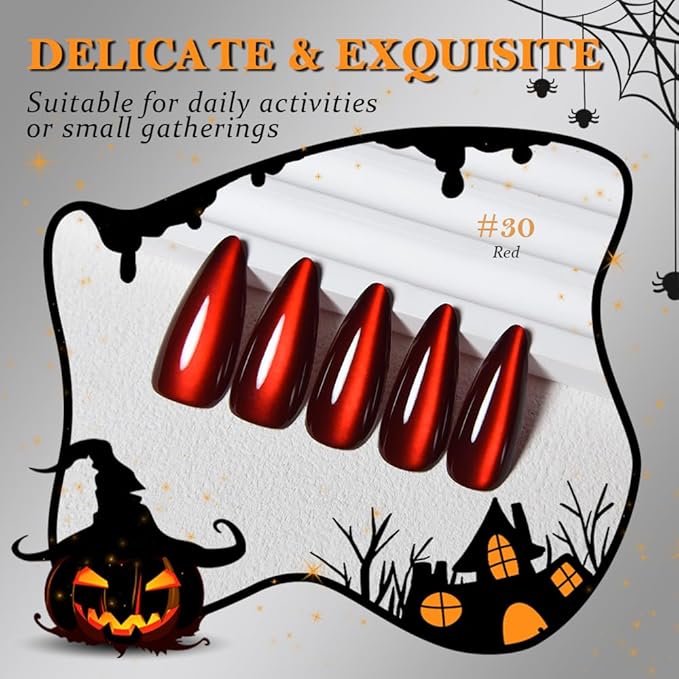 evpct Dark Red Cat Eye Press on Nails Almond Long, Stick on Glue on Nail Long Almond for Women Gift with Glue, Bloond Red Metallic Glitter Soft Gel Reusable Press on Acrylic Fake Nail with Designs