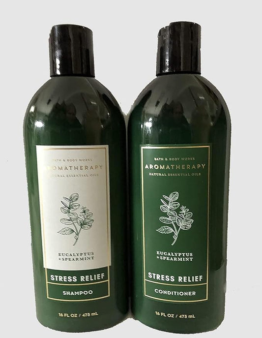 Bath and Body Works Aromatherapy Eucalyptus Spearmint Stress Relief Shampoo and Conditioner Set New Look 16 FL OZ each