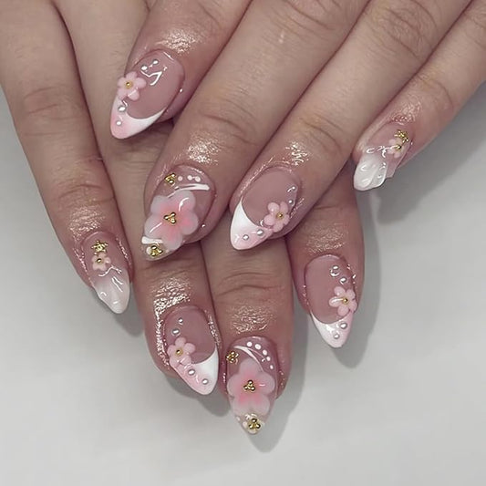 24Pcs White French Tip Press on Nails Short Almond Fake Nails Nude Pink False Nails with 3D Flower Pearl Designs Acrylic Nails Star Rhinestones Glue on Nails Summer Stick on Nails for Women Girls