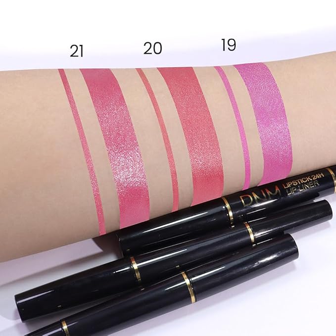 2-in-1 Rose Lip Liner & Lipstick Set Kit for Women, Metallic Lips Kit with Lip Liner Lip Stains Long Lasting Waterproof 24 Hour Lipstick and Lip Liners Combo Lipliners Pencil Set 21