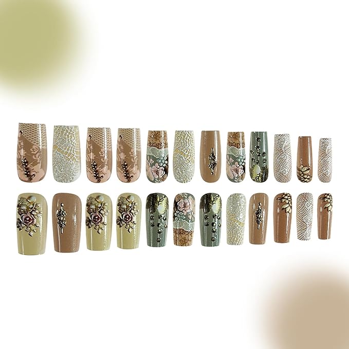 Flower Press on Nails Medium Ballet Shaped Rose Floral Lace Pattern Design Full Cover Glossy Acrylic False Nail Artificial Press Ons Fake Nail DIY Reusable Glue on Nails for Women 24Pcs