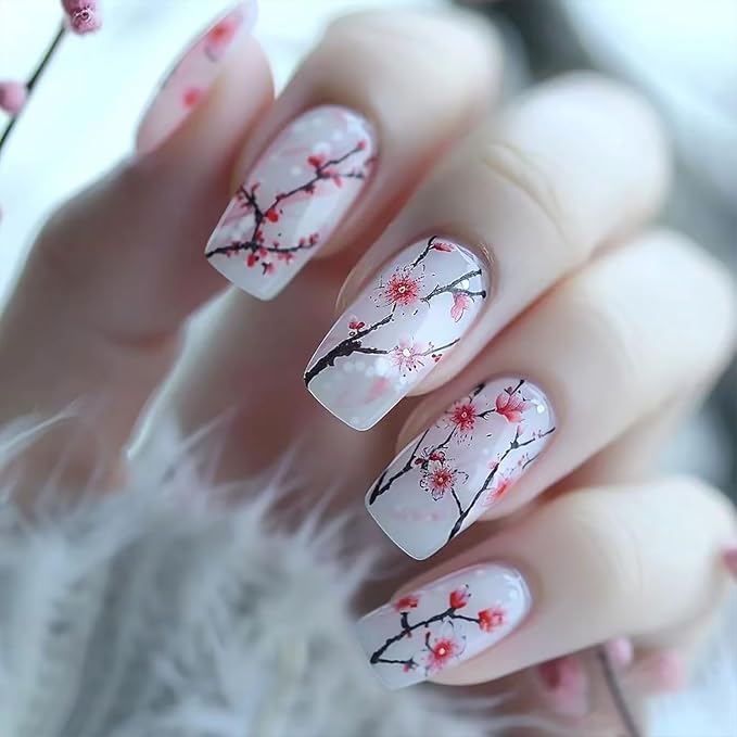 24Pcs Sakura Press on Nails Medium Square Fake Nails Flower False Nails Glossy Full Cover Artificial Glue on Nails Spring Stick on Nails Cute Nail Supplies for Women Girls DIY Manicure Decoration