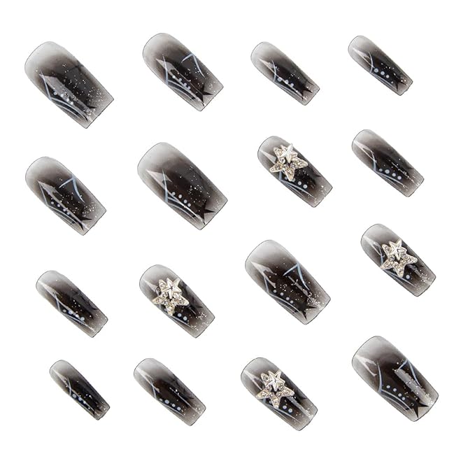 24Pcs Black Press on Nails Medium Square Fake Nails Silver Star Nail Rhinestones with Gradient Black Full Cover Reusable Artificial Nails Glue on Nails Chrome False Nails for Women Girls Acrylic Nails
