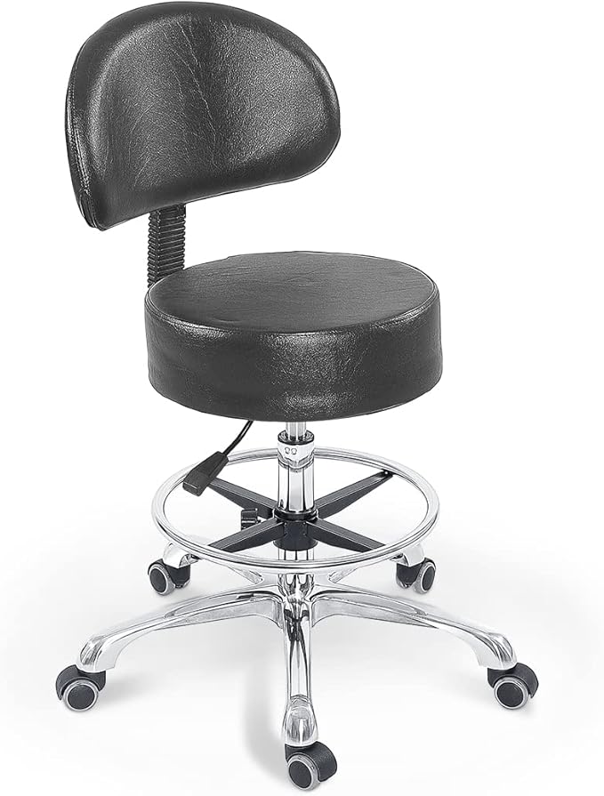 Grace&Grace Height Adjustable Swivel Rolling Stool with Back Extra Thick Seat for Ultimate Comfort for Salon, Studio, Shop, Kitchen (Black,with Foot Rest)