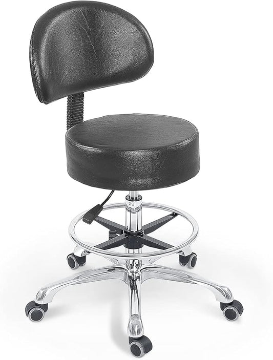 Grace&Grace Height Adjustable Swivel Rolling Stool with Back Extra Thick Seat for Ultimate Comfort for Salon, Studio, Shop, Kitchen (Black,with Foot Rest)