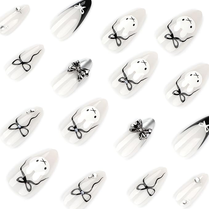 Cute Bunny Press On Nails almond,24pcs Medium False Nails with Black & White Bow Design, 3D Metallic Bow and Rhinestone Fake Nails, Cartoon Acrylic Stick On Nails Kit for Women Girls