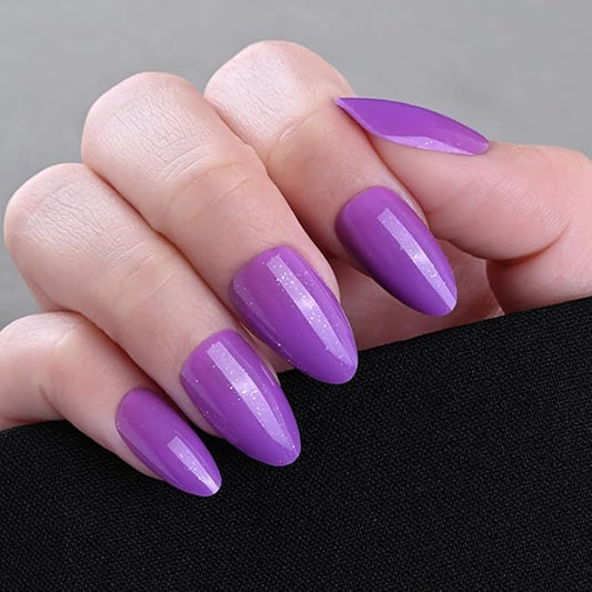 evpct Press on Nails Almond Short, Violet Purple Glitter Shimmer Shiny Short Almond Fake Nails for Women Gift, Soft Gel Press Glue On Nails with Nail Glue 30Pcs Reusable Acrylic Fake Nail Manicure Kit
