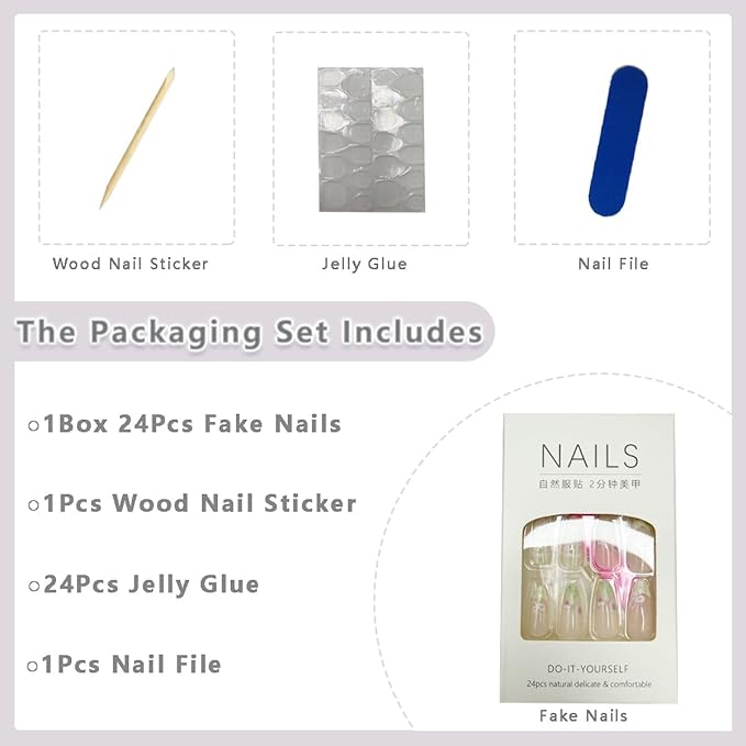 24Pcs French Tip Press On Nails with Weave French Nail Tips Design Medium Almond Acrylic False Nails Tulip Flower Summer Full Cover Glossy Glue on Nails for Women Girls