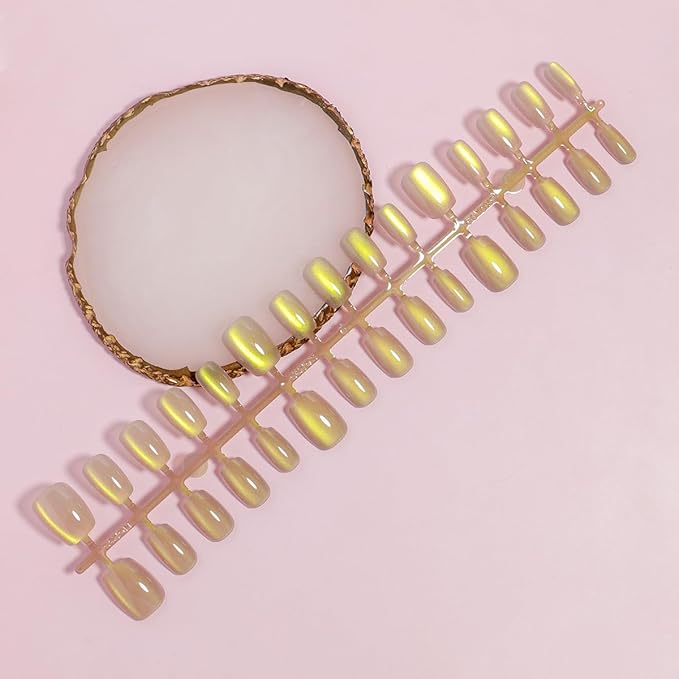 Press on Nails Short Square Fake Nails Gold Chrome Acrylic Nails Nude Nails Press Ons Glossy Glue on Nails Shiny Stick on Nails Ombre Artificial Nails for Women Manicure 15 Size - 30 Pcs